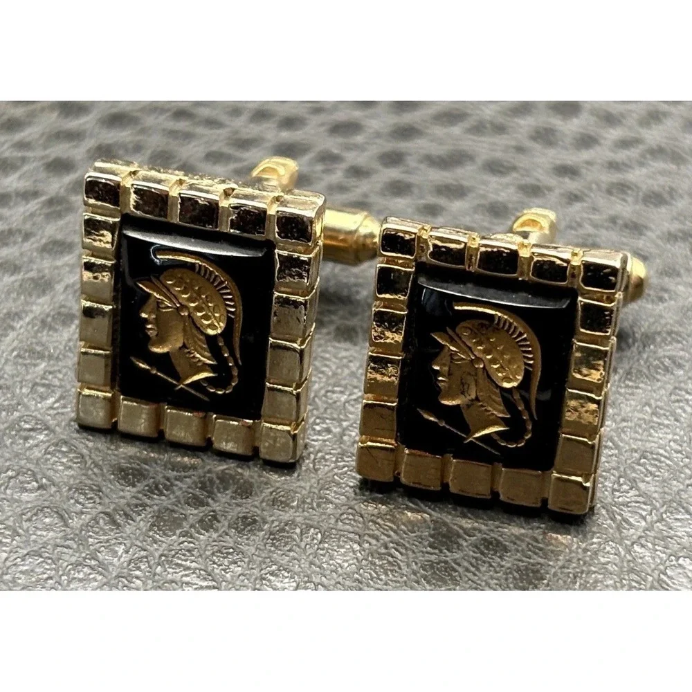 Vintage Roman Soldier Intaglio Style Gold Tone Cufflinks